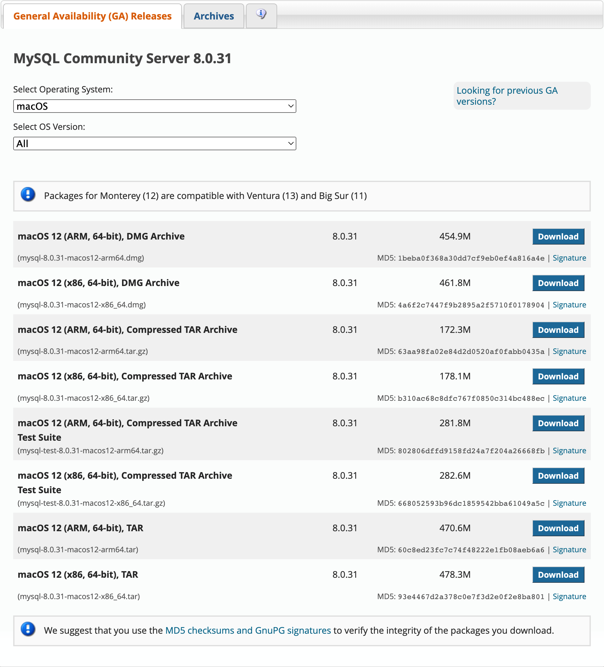 MySQL download list