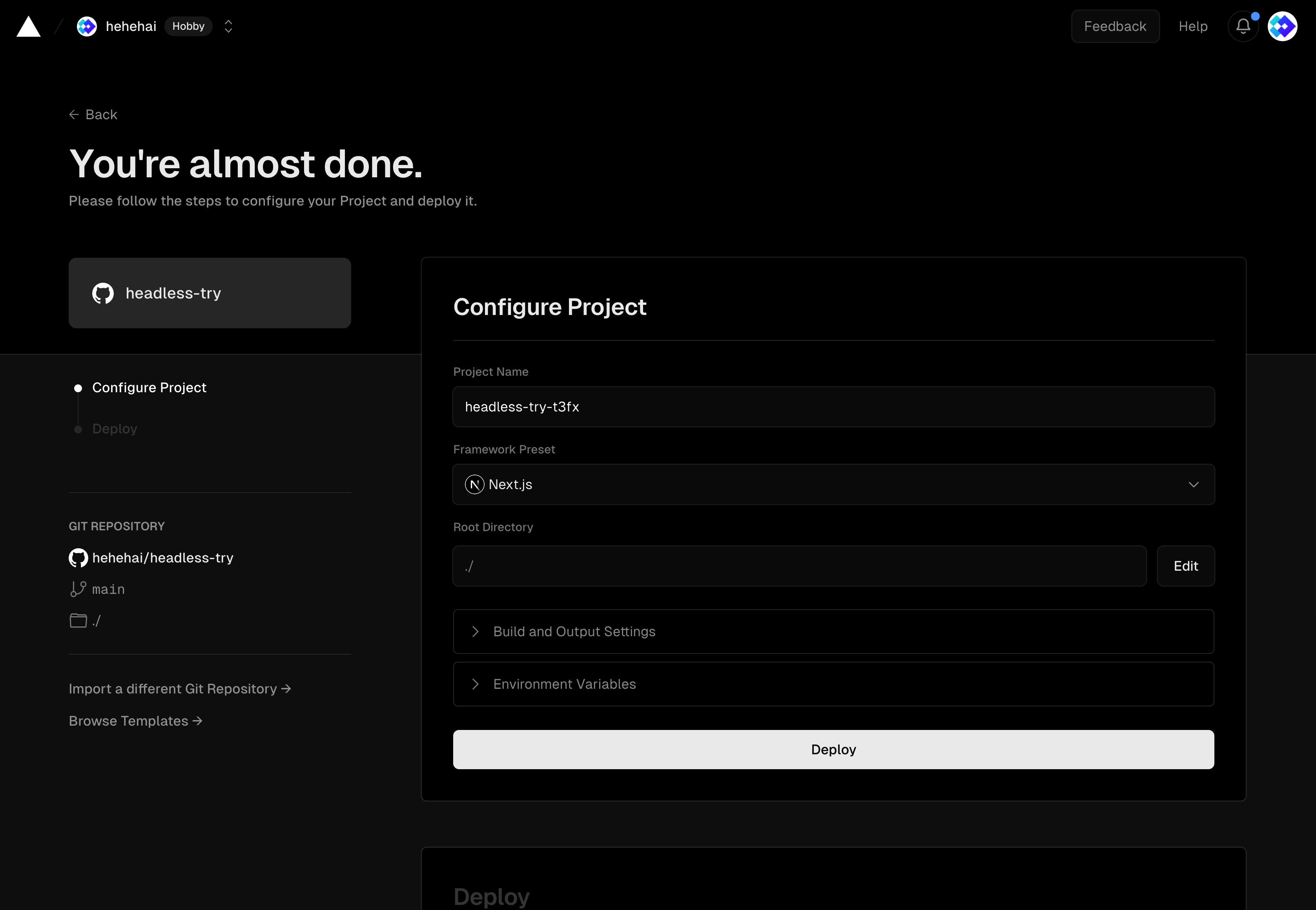 vercel project deploy