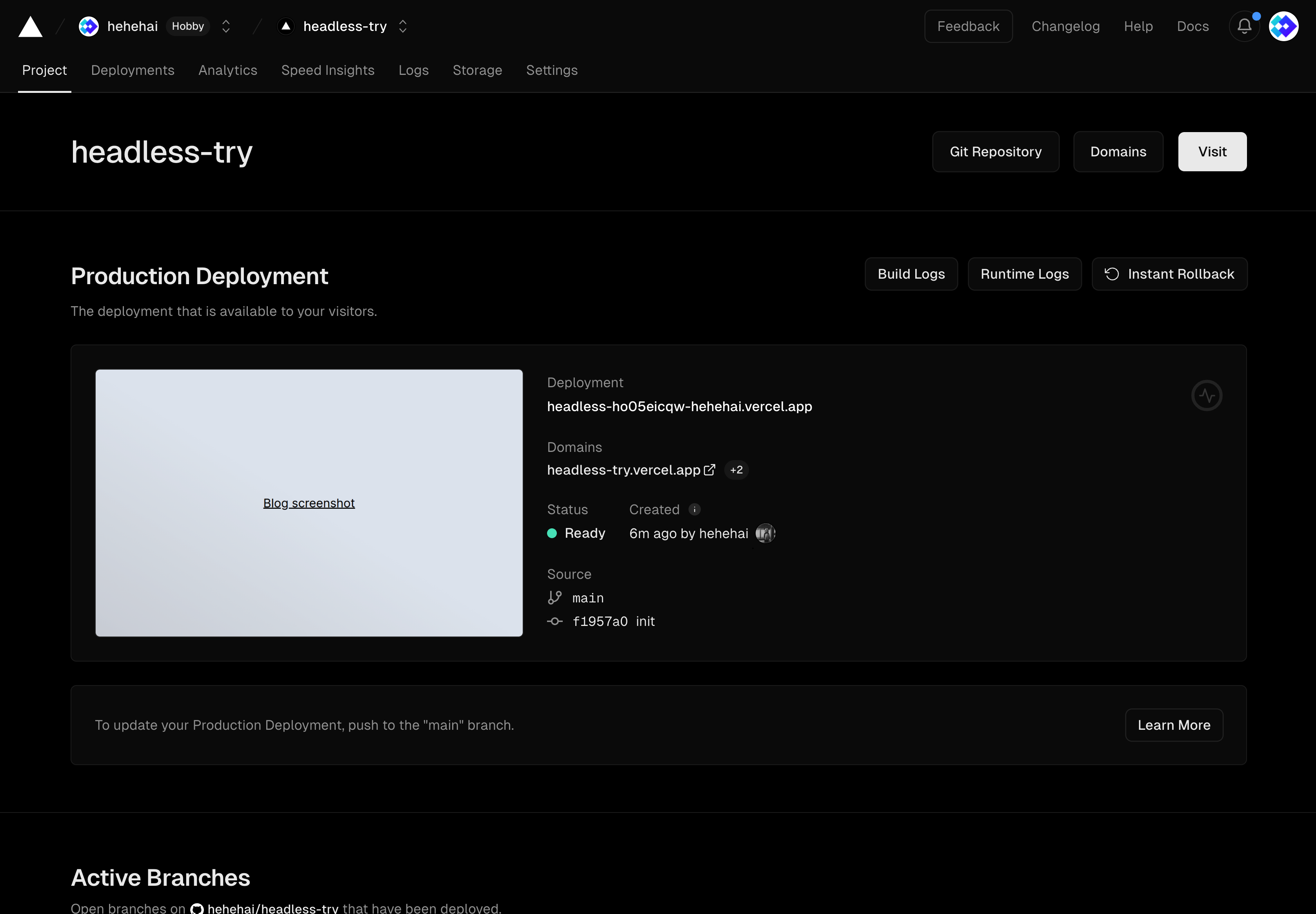 vercel project dashboard